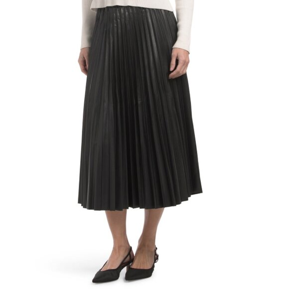 MAX STUDIO LONDON Black Faux Leather Pleated Midi Skirt - Picture 1 of 2